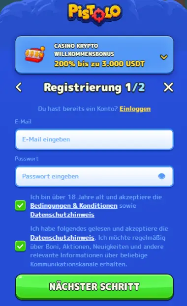 Pistolo Casino Anmeldeformular